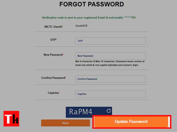 enter the required details and click on update password 