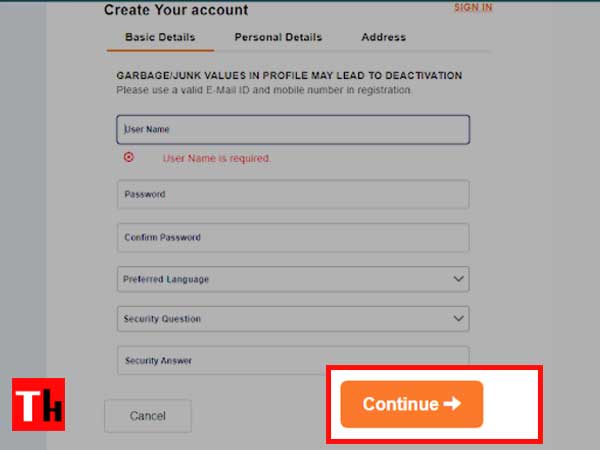 Enter the required details and click on the Continue tab