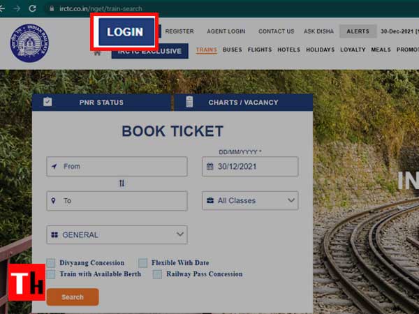 login irctc web page