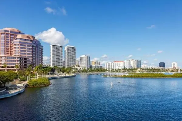 West Palm Beach downtown waterfront along the Intracoastal Waterway in morning light